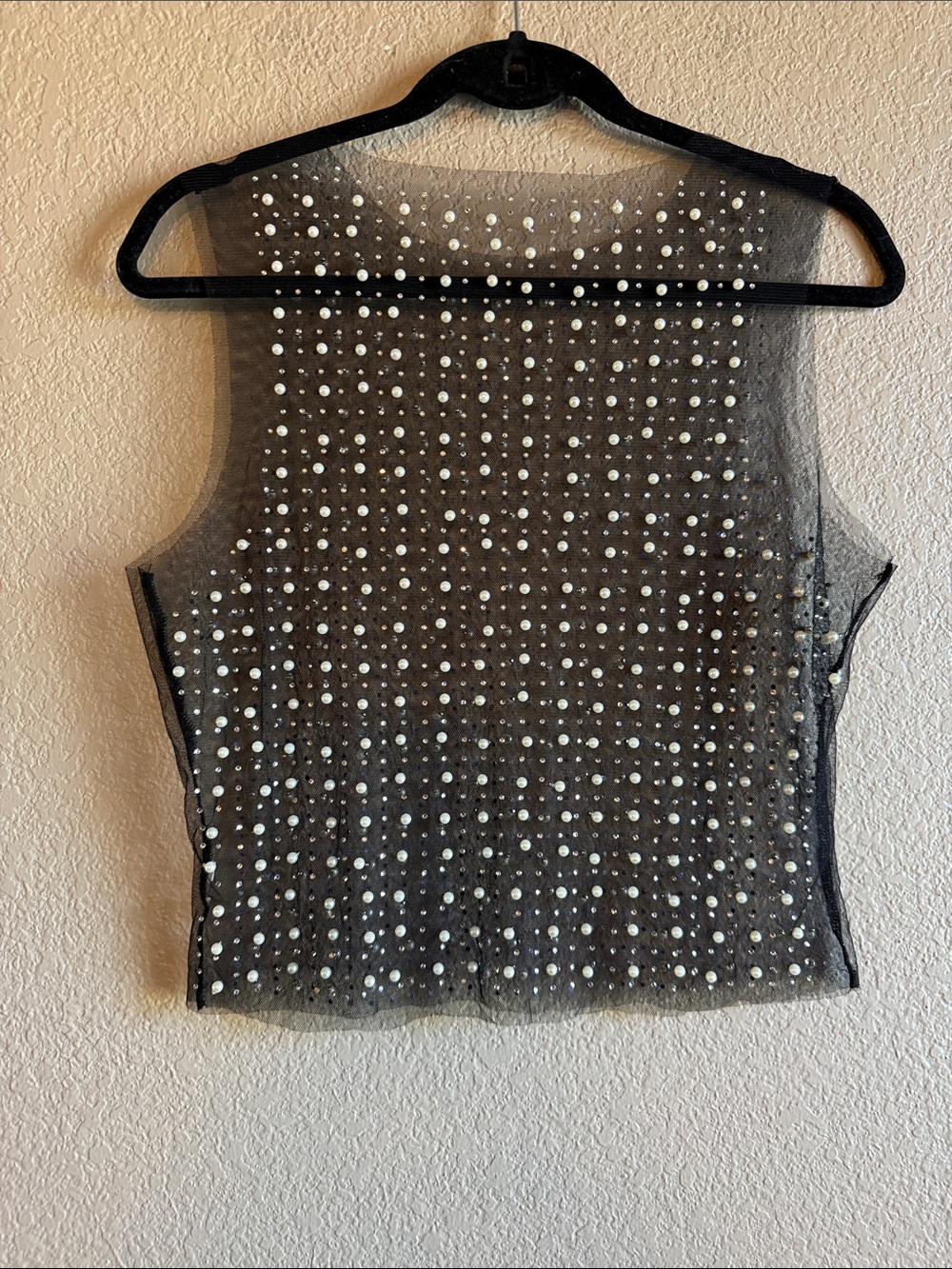 Sheer Black Sleeveless Pearl-Embellished Mesh Top - Picture 2 of 3